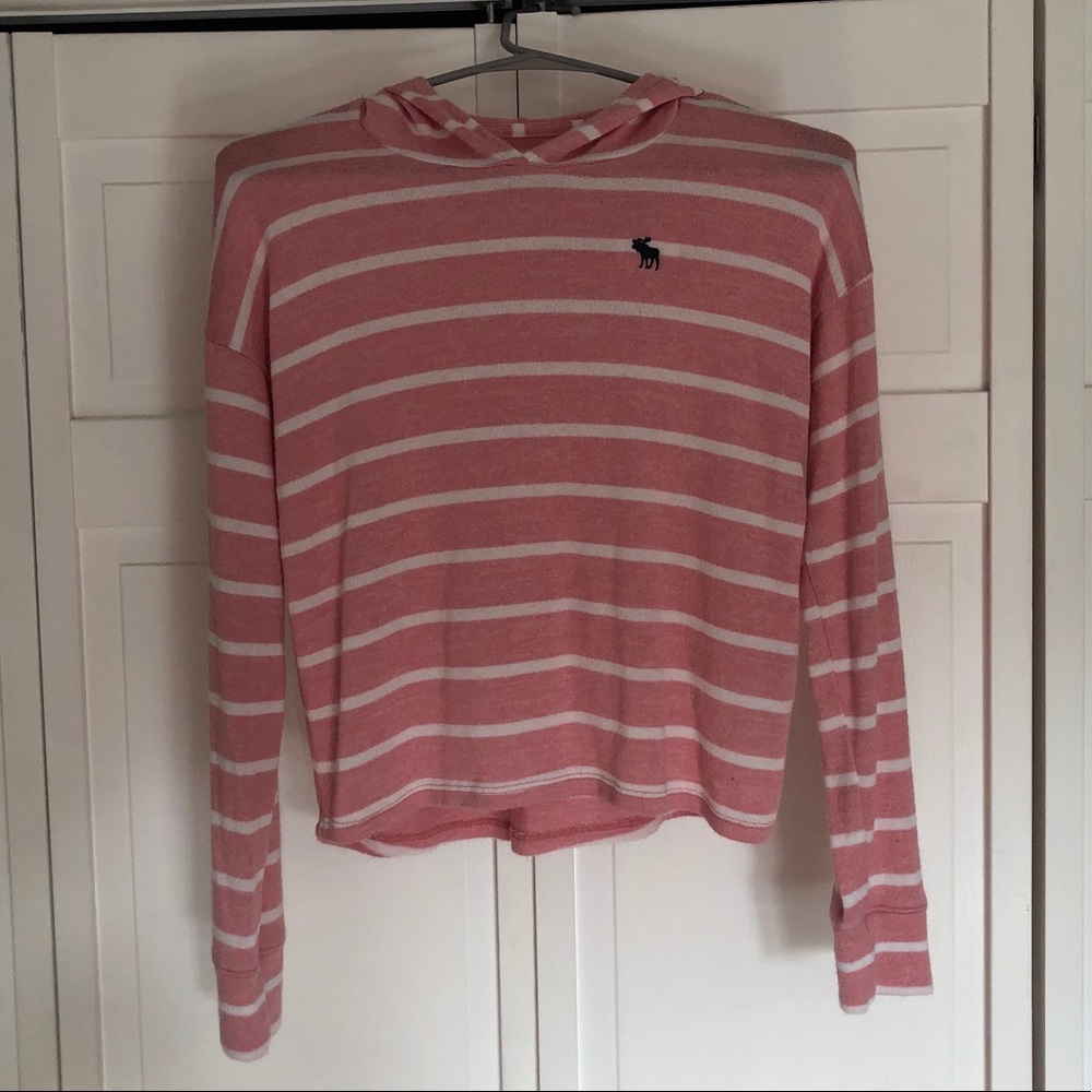A&F Kids Pink and White Striped Hooded Sweater